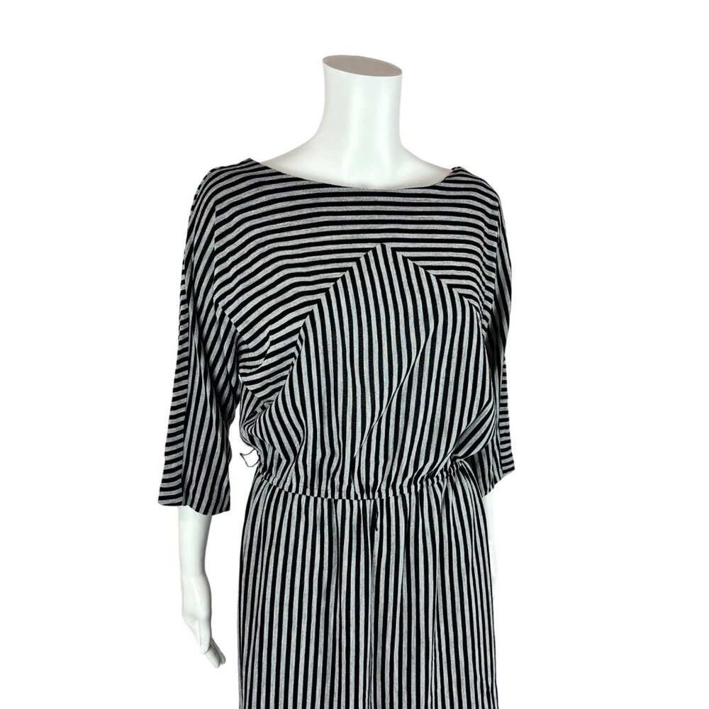 Vintage 80s Striped Dress Women's Medium Black White Slouchy Batwing Sleeves - Picture 6 of 10